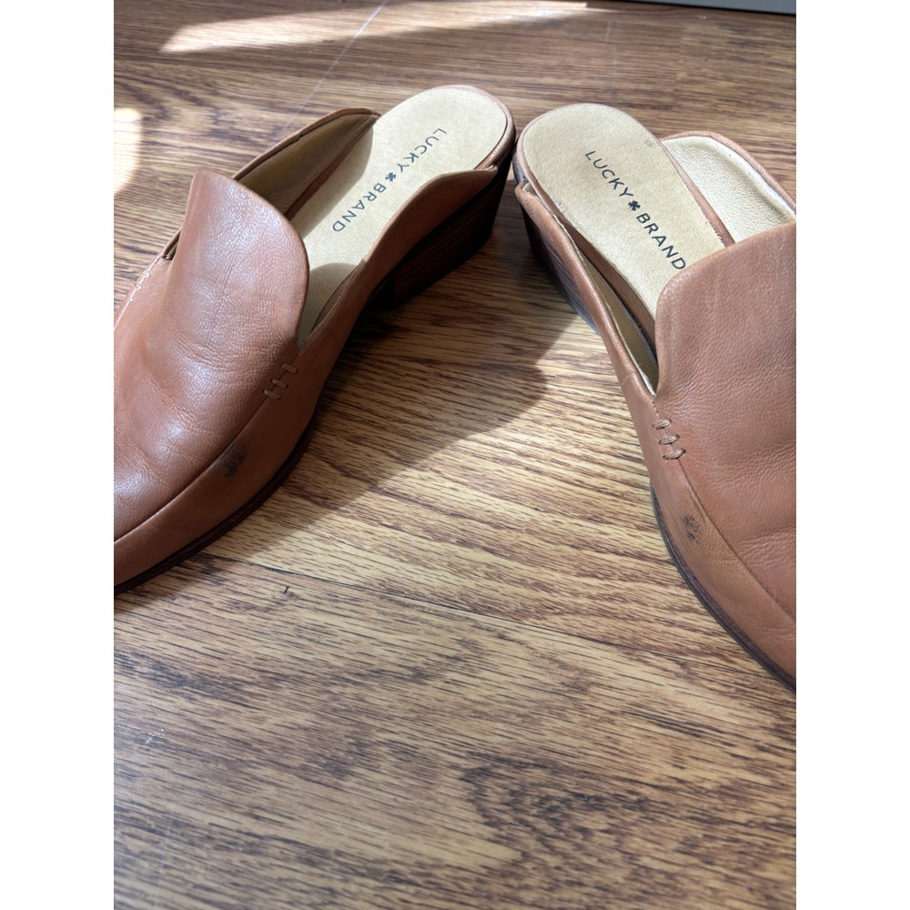 Lucky Brand Margorete Tan Leather Pointed Toe Mules Size 10M Cognac Slip On Shoe - Picture 3 of 5